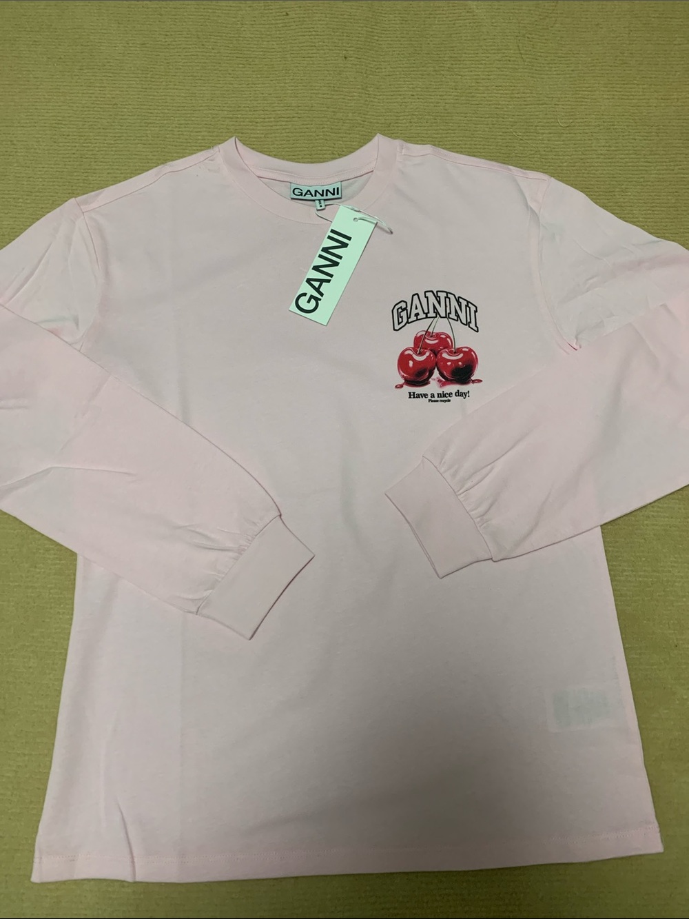 Ganni sweet Baby Pink Long Sleeve Tee cute cherry chest with Red Cherry Graphic